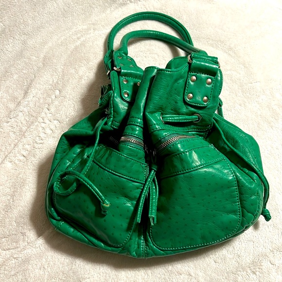Bueno. Green Leather Bag. Like New. Ostrich print. Silver hardware. - Picture 2 of 10